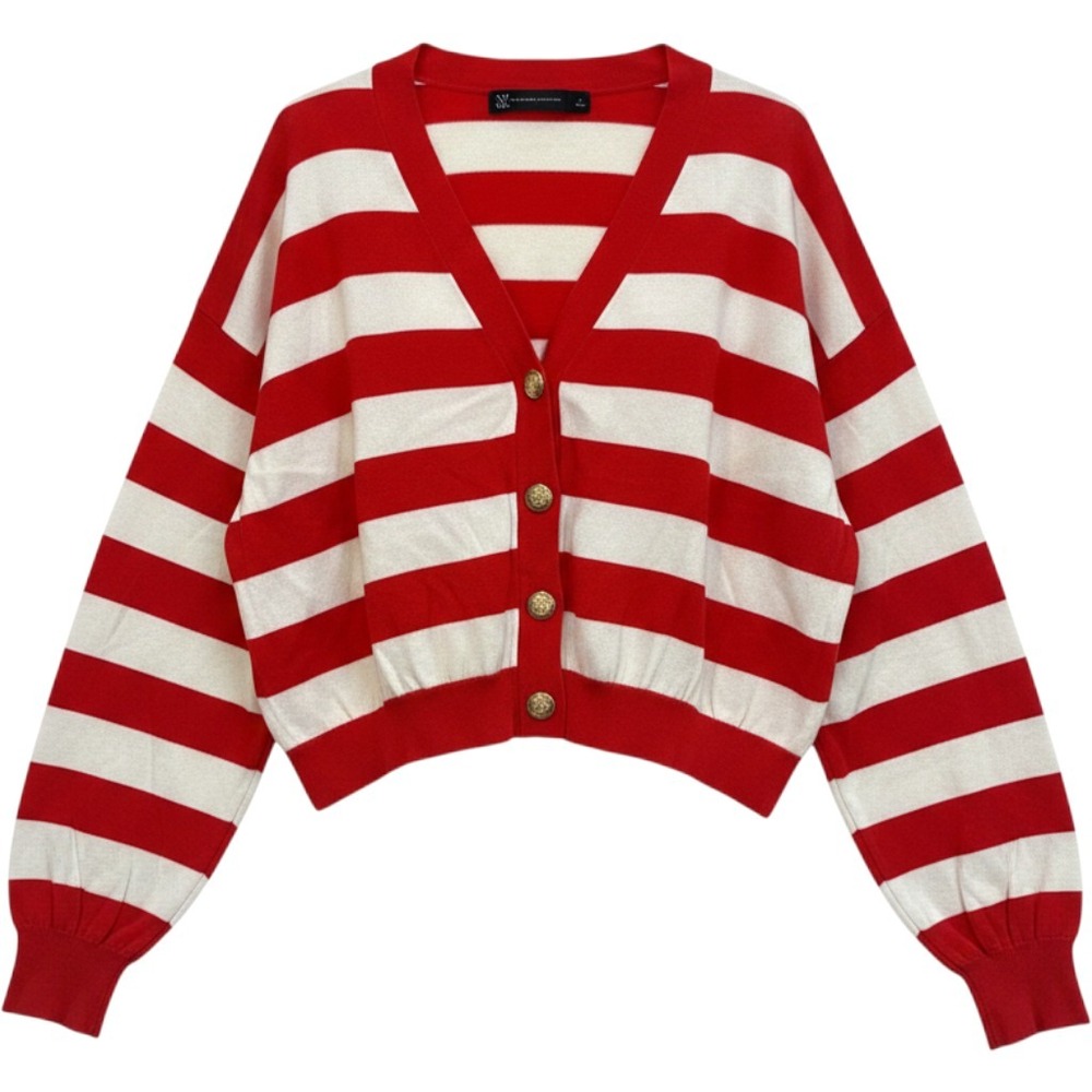 New York & Company Red White Striped‎ Cardigan Gold Crest Button Crop Sweater L